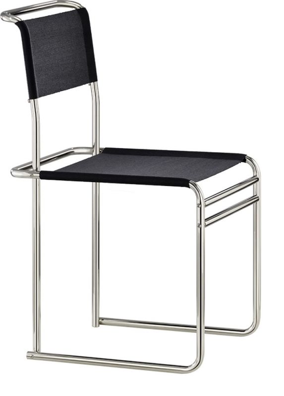 B40 Stuhl mit Bauhaus-Gurt von Tecta: Freischwinger Stuhl mit schwarzer Bespannung und Stahlrohrgestell.